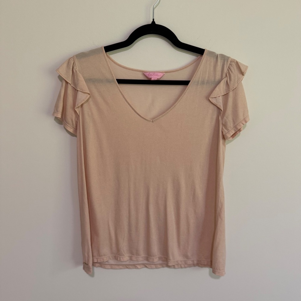 Lilly Pulitzer Peach Ruffle Sleeve V-Neck Cotton Modal Tee Shirt Small